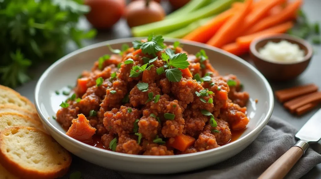 A skillet with sizzling ground beef being cooked, seasoned with salt and pepper, surrounded by diced sweet potatoes.