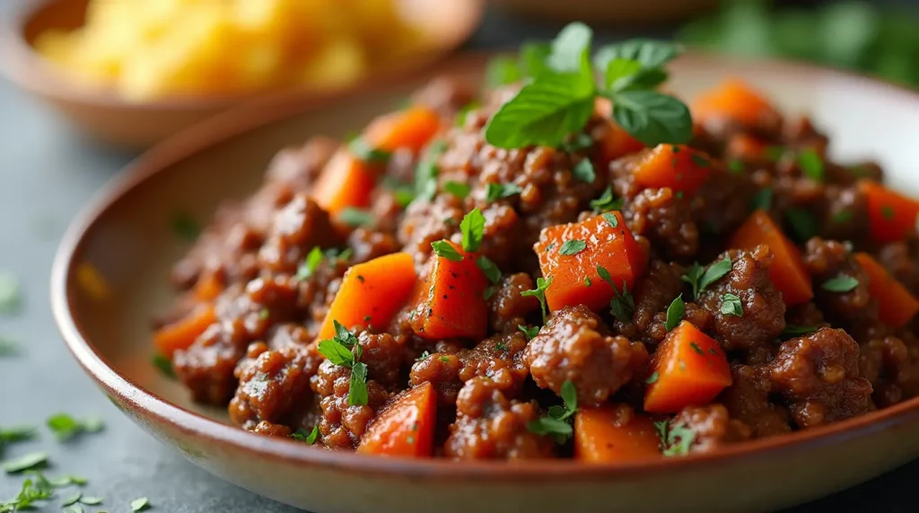 Roasted sweet potato cubes in a bowl next to a plate of cooked ground beef, garnished with herbs.