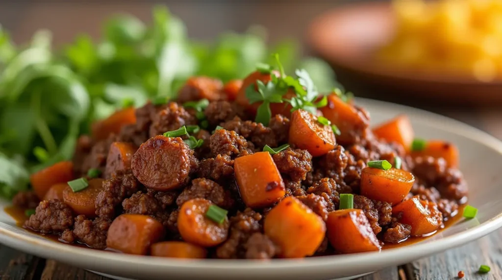 A serving plate with ground beef and sweet potatoes, beautifully arranged and garnished with fresh herbs.