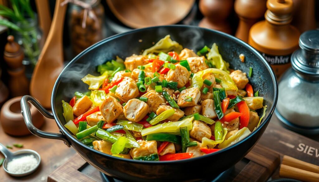 Fresh ingredients for chicken cabbage stir fry, including sliced chicken, shredded cabbage, chopped carrots, garlic, and soy sauce, arranged on a wooden countertop.