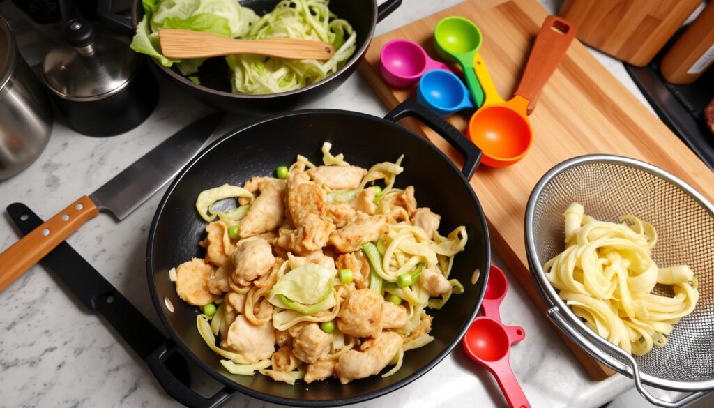 Shredded cabbage and carrots being stir-fried in the skillet, mixing with garlic and spices to create a vibrant, colorful blend.