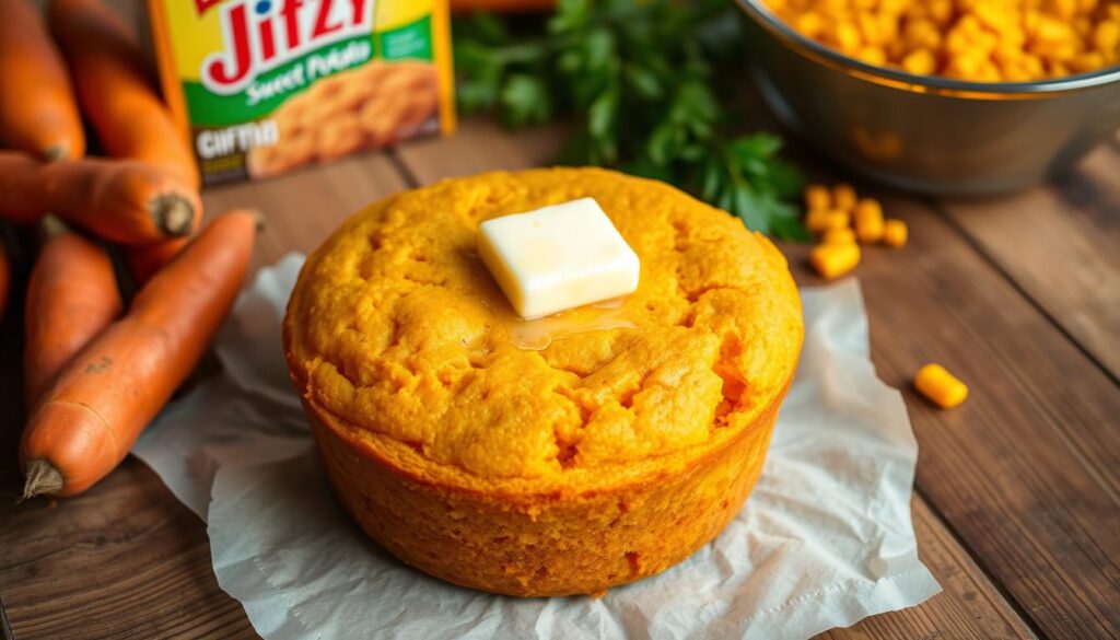 A close-up of a freshly baked pan of sweet potato cornbread with a soft, fluffy interior and a slightly crisp top.