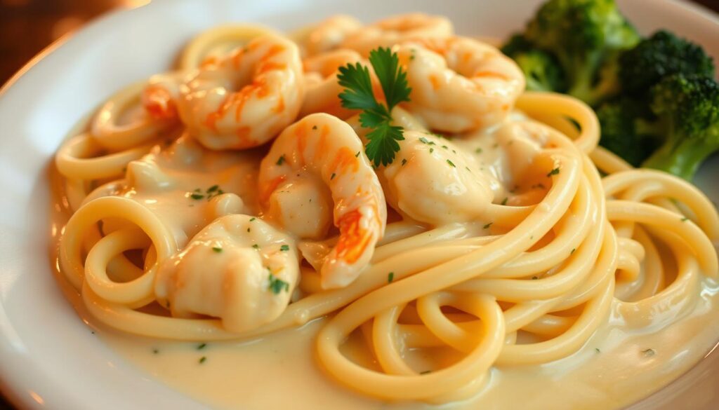 Indulge in creamy Chicken and Shrimp Alfredo! Sauté seasoned chicken and shrimp, then toss with fettuccine in a rich garlic Parmesan cream sauce. Garnish with parsley and serve warm.